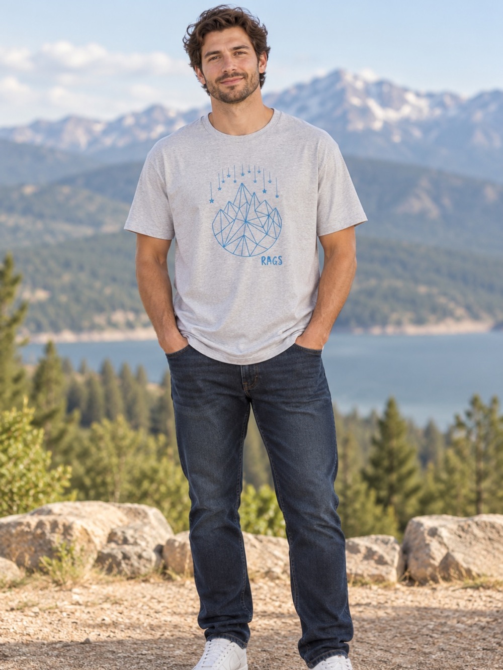 New RAGS XXL Graphic T-Shirt – Geometric Mountain Print, Outdoor Adventure Tee